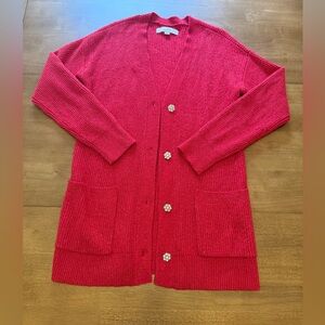 LOFT Red Jeweled Button Cardigan Sweater | Size Small | NWOT | Holiday Glam